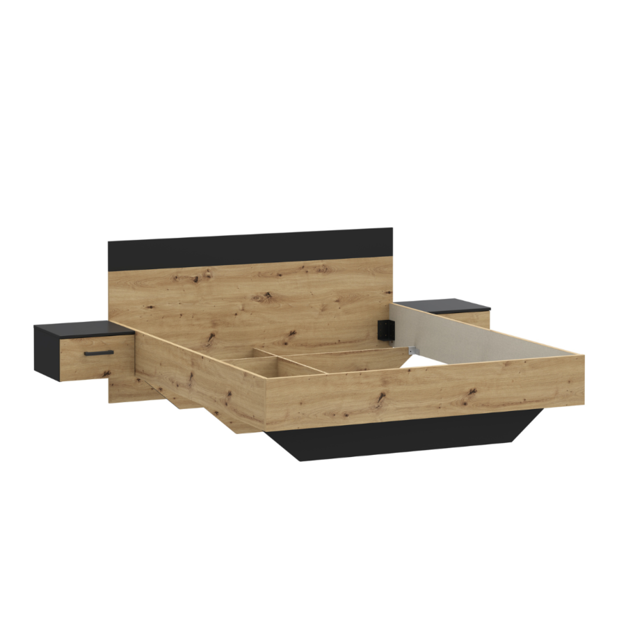 Set Lit Monissa 160x200 cm Avec Sommier + 2 Chevets - Chêne Artisan / Noir Pack lit adulte