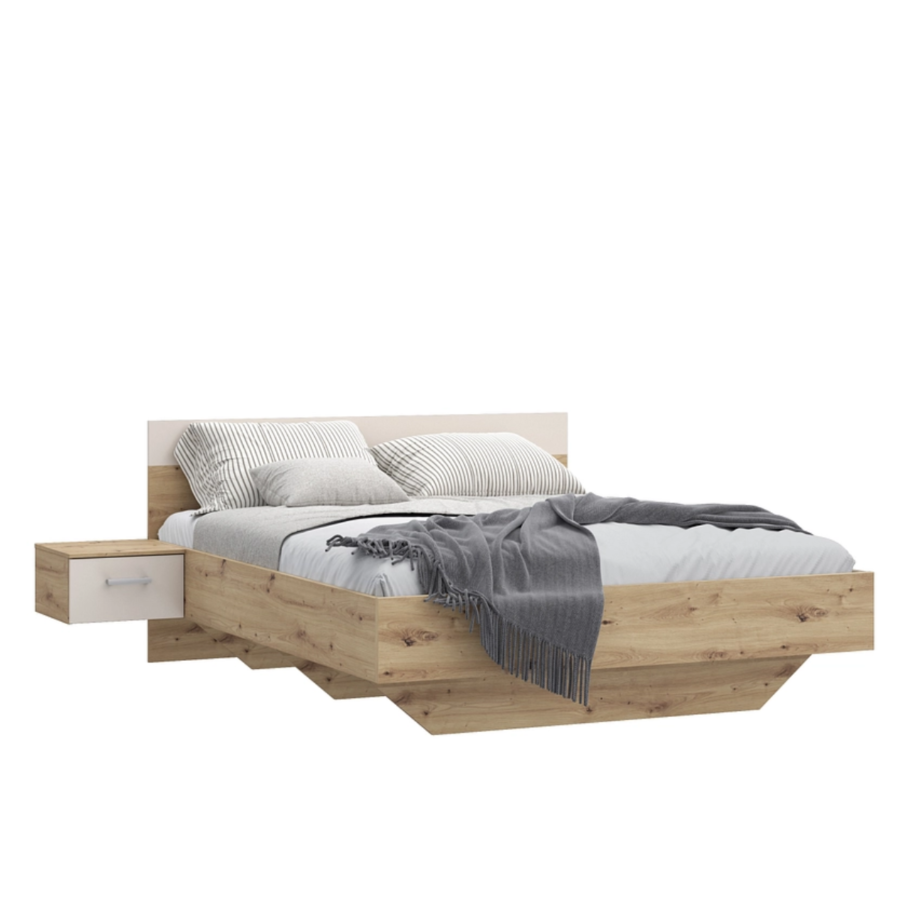 Ensemble Lit avec Sommier et 2 Chevets Tanaia – 160×200 cm – Chêne et Sable Hello Summer