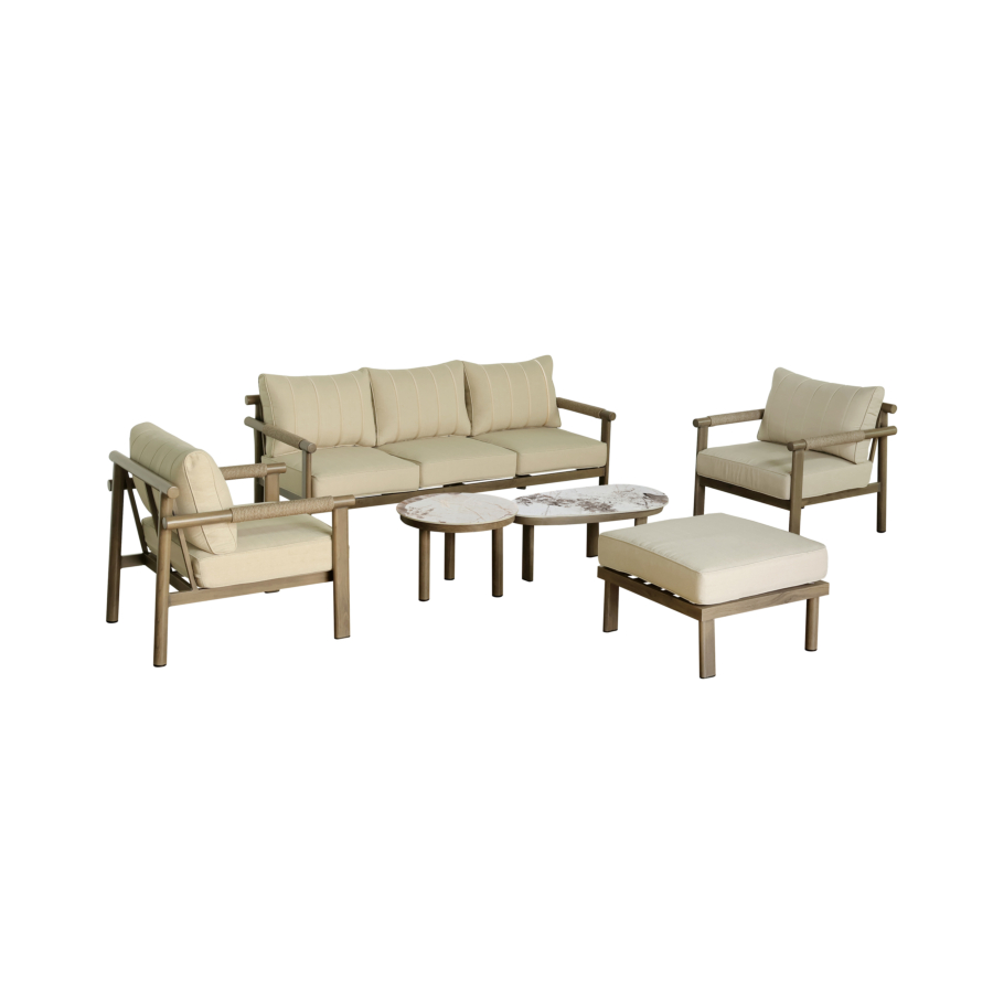 Salon Cosyline Canapé + 2 Fauteuils +2 Table Basses + Pouf - Taupe Salons de jardin bas