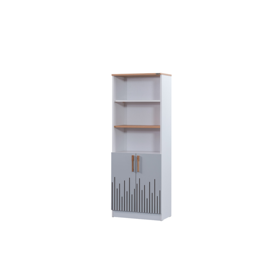 Bibliotheque LUCAS 2 Portes 3 Niches - Gris / Blanc / chêne Chambre enfant