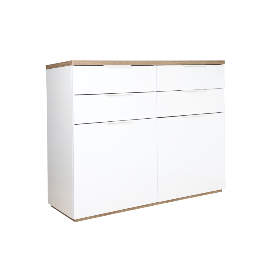 Meuble Multifonction MUNDI 2 portes et 4 tiroirs - Blanc / Beige Soldes été