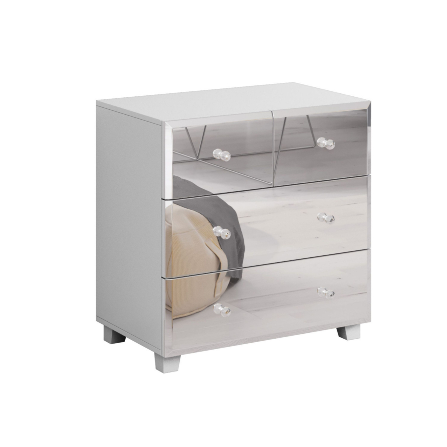 Commode BELLAGIO 4 Tiroirs - Blanc Mat / Miroir CHAMBRE DOUBLE