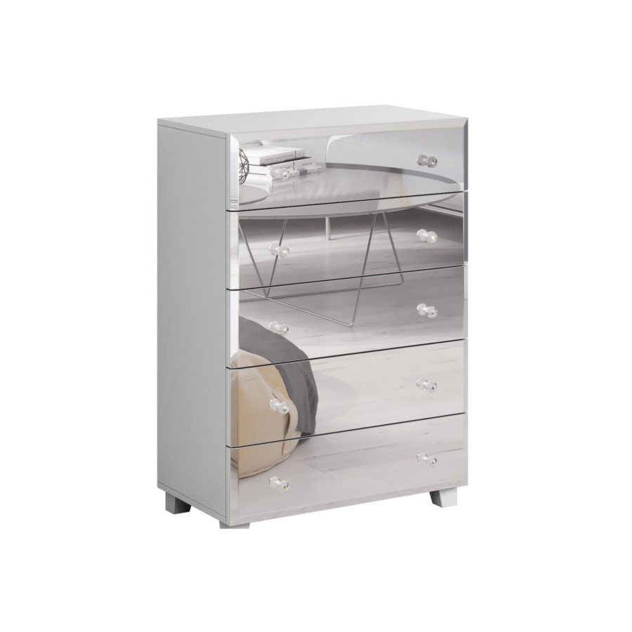 Commode BELLAGIO 5 Tiroirs - Blanc Mat / Miroir CHAMBRE DOUBLE