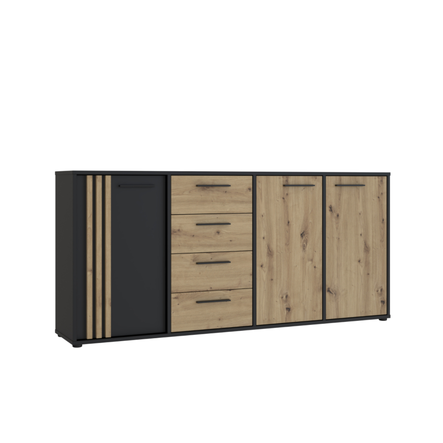 MEUBLE MULTIFONCTIONS CARDIGAN 3 Portes Et 4 Tiroirs - Noir / Chêne Soldes été vague 2