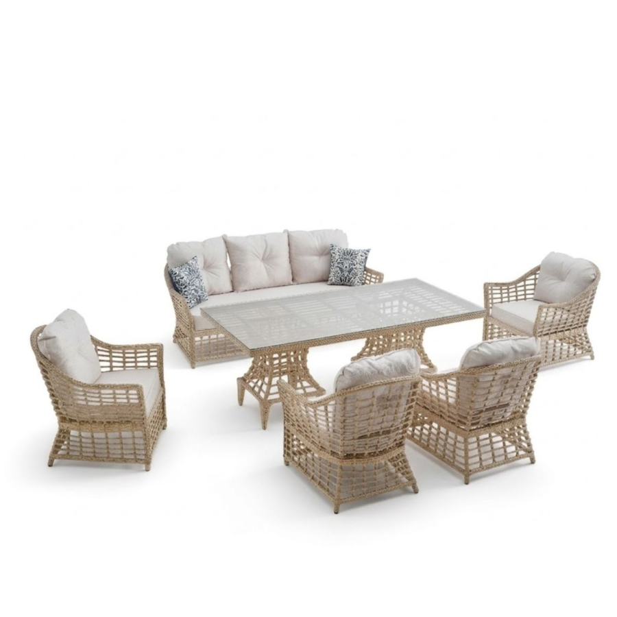 Salon Bergama : Canapé 3 places + 4 fauteuils + table haute – Beige Hello Summer