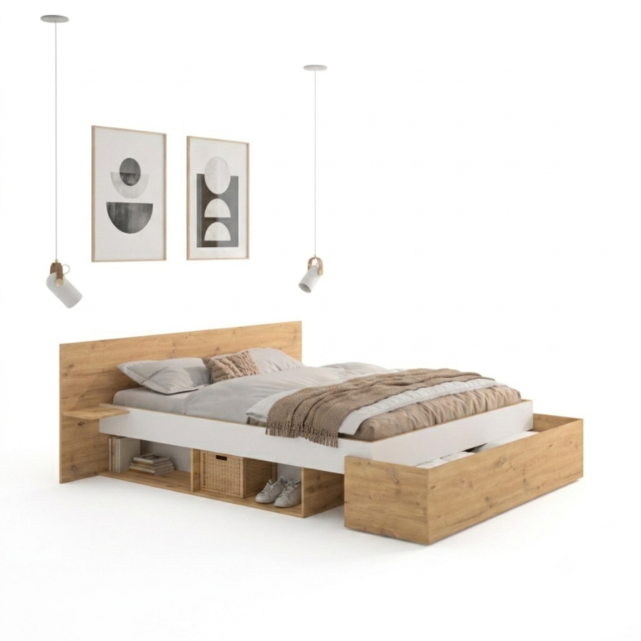 Pack Lit Anis 140X190 Sommier + Matelas + 2 Tablettes Suspendues - Chêne / Blanc Chambre adulte