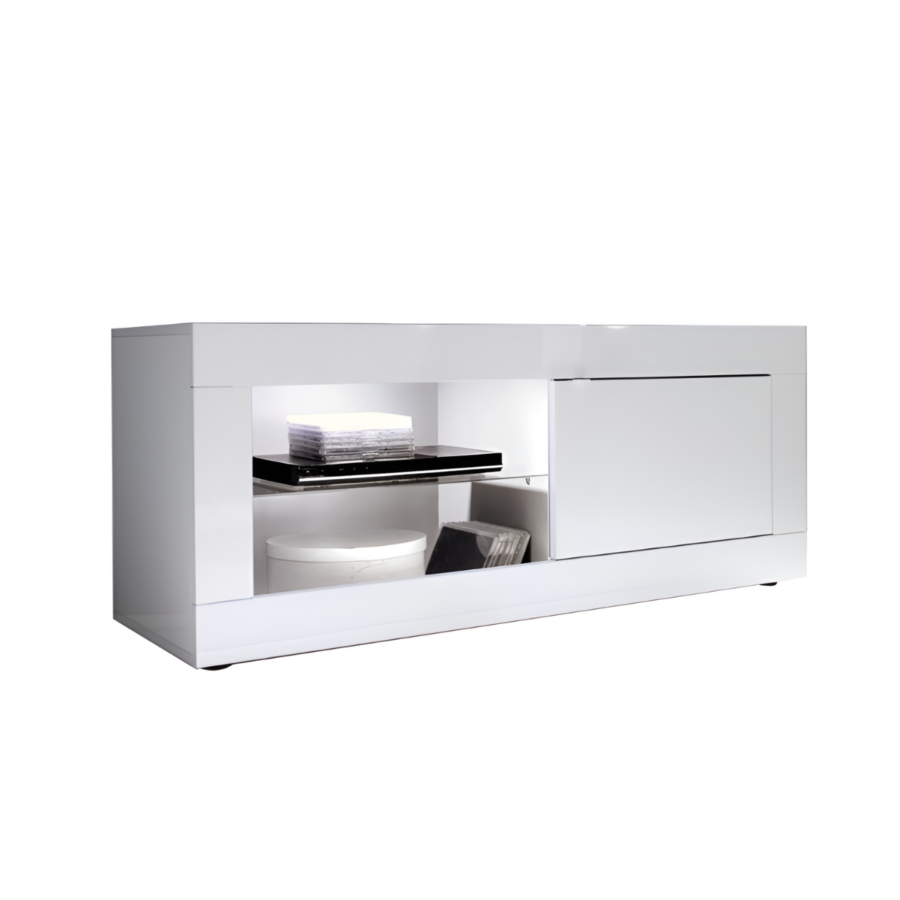 Meuble Tv Basic 1 Porte 140Cm - Blanc Laqué Brillant Vivez la Coupe du Monde