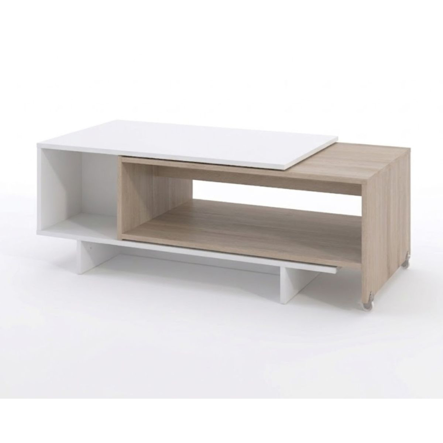 Table Basse Vigo Chêne/Blanc avec Plateau Coulissant – 149 × 50 × 40 cm Les Petits Prix