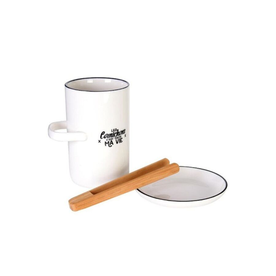 Pot À Cornichon Avec Soucoupe Et Pince - Blanc / Noir Serviteurs