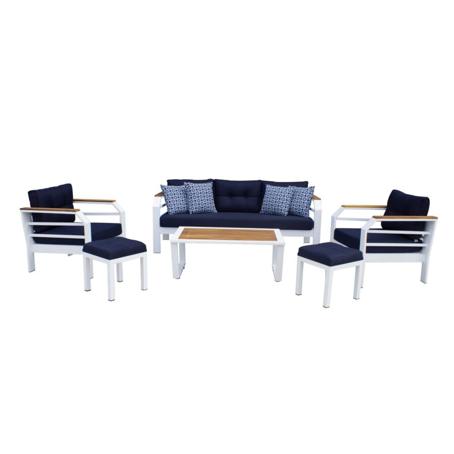 Set De Jardin ASSENTO En Aluminium Et Bois Iroko - Blanc/Bleu Salons de jardin