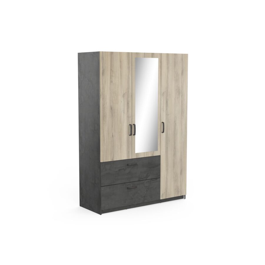 Armoire 3 portes avec 2 tiroirs en bois et gris design