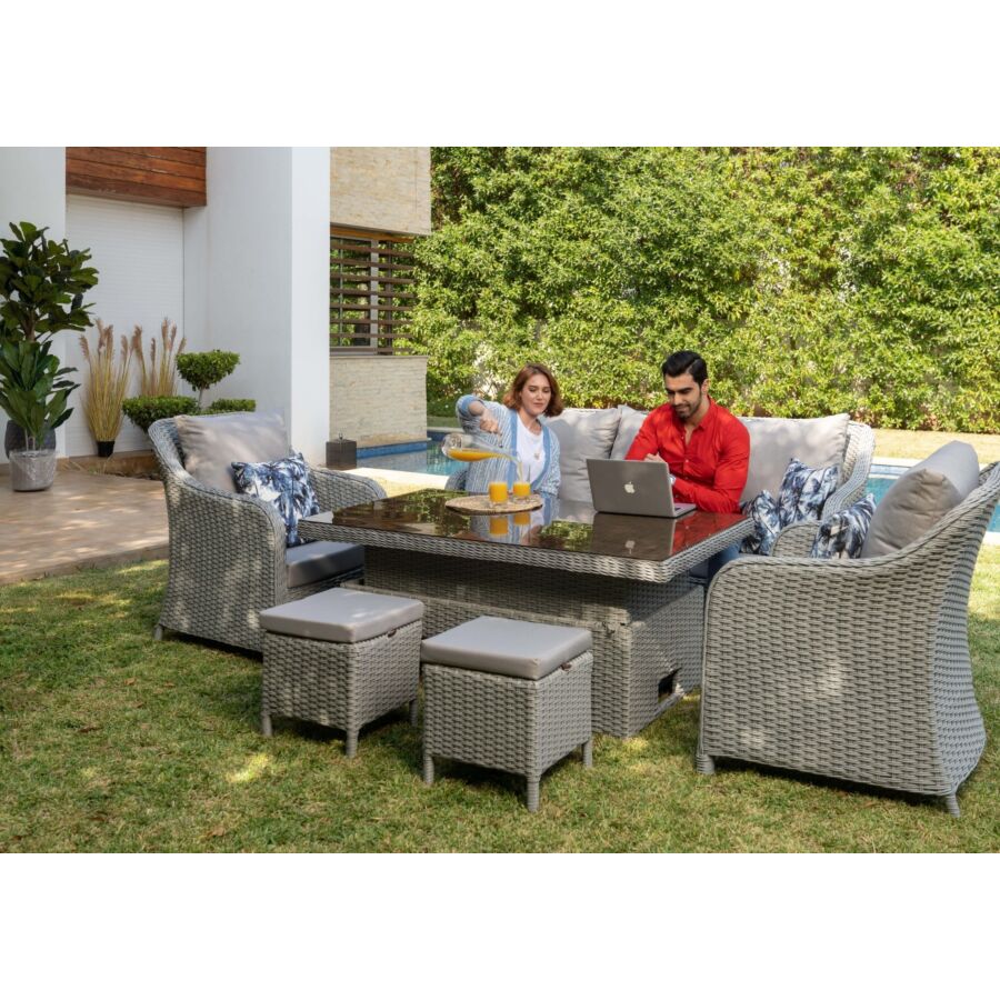 Salon De Jardin TURIN Avec Table + 2 Poufs Gris Kitea Maroc