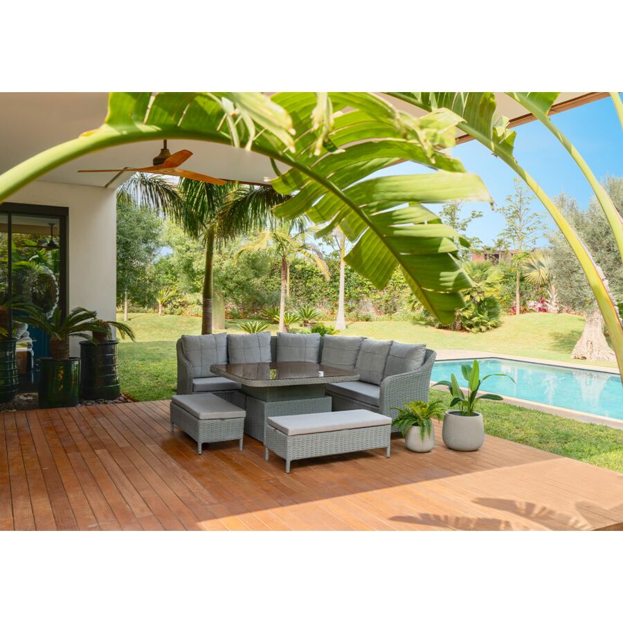 Coin jardin TURIN Avec Table + 2 Bancs Gris Kitea Maroc