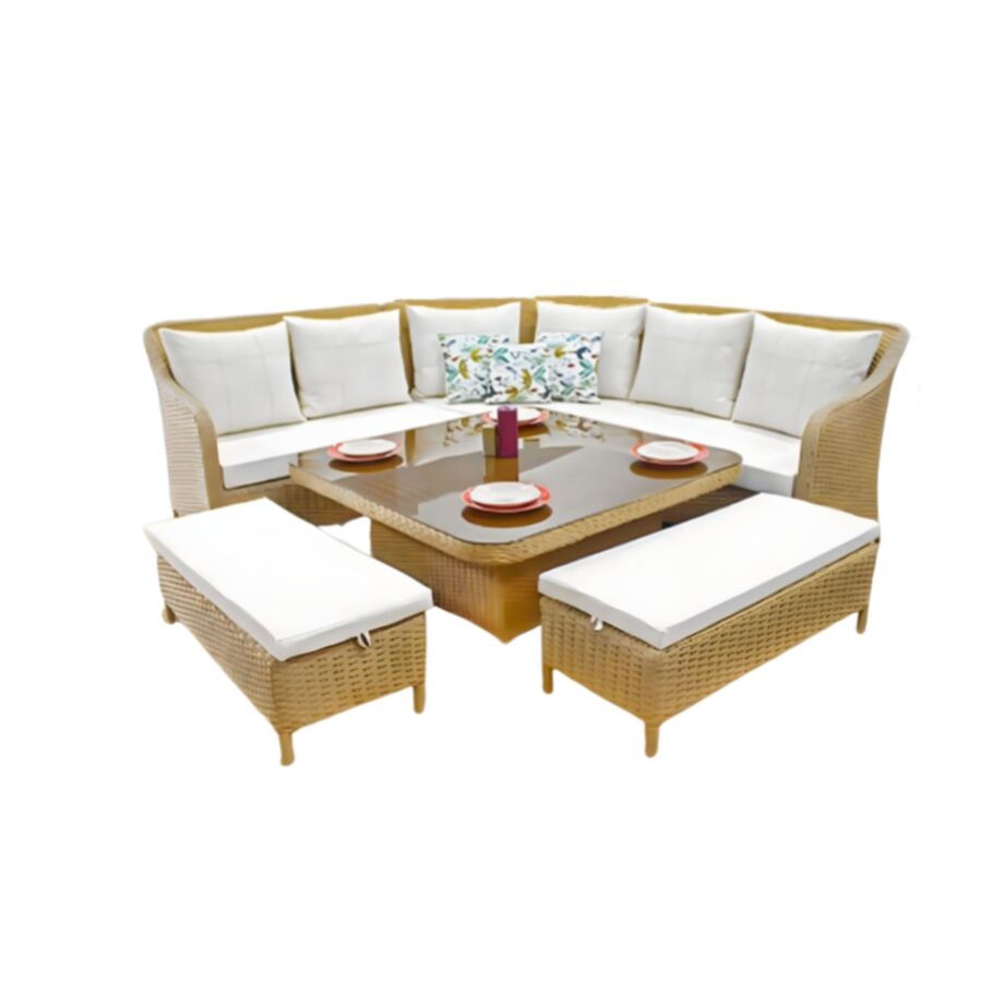 Coin Jardin TURIN Avec Table + 2 Bancs Beige Kitea Maroc