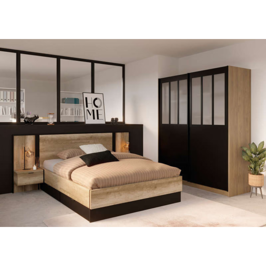 Pack Lit TORONTO 160x200cm Avec Sommier + Chevets Suspendus - Oak