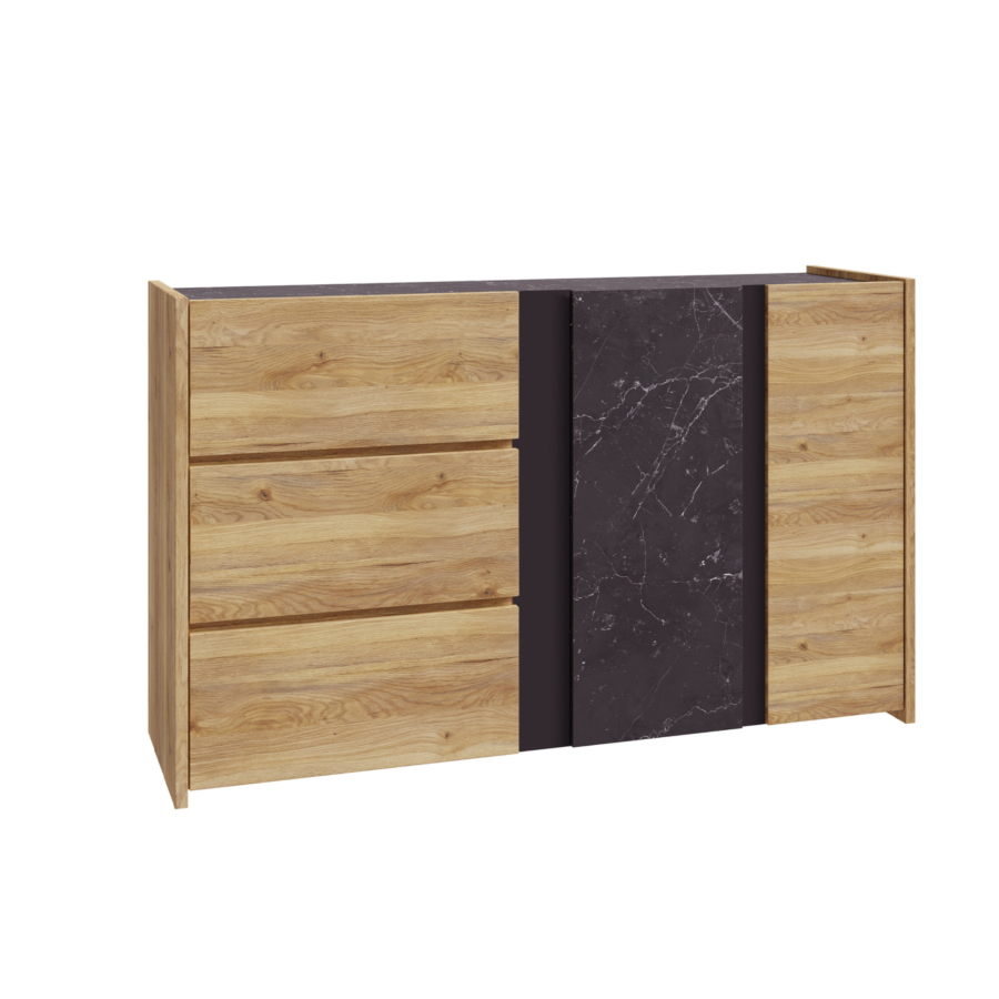 Commode WHAKATANE 2 Portes + 3 Tiroirs - Chêne / Marbre Noir Commodes rangements