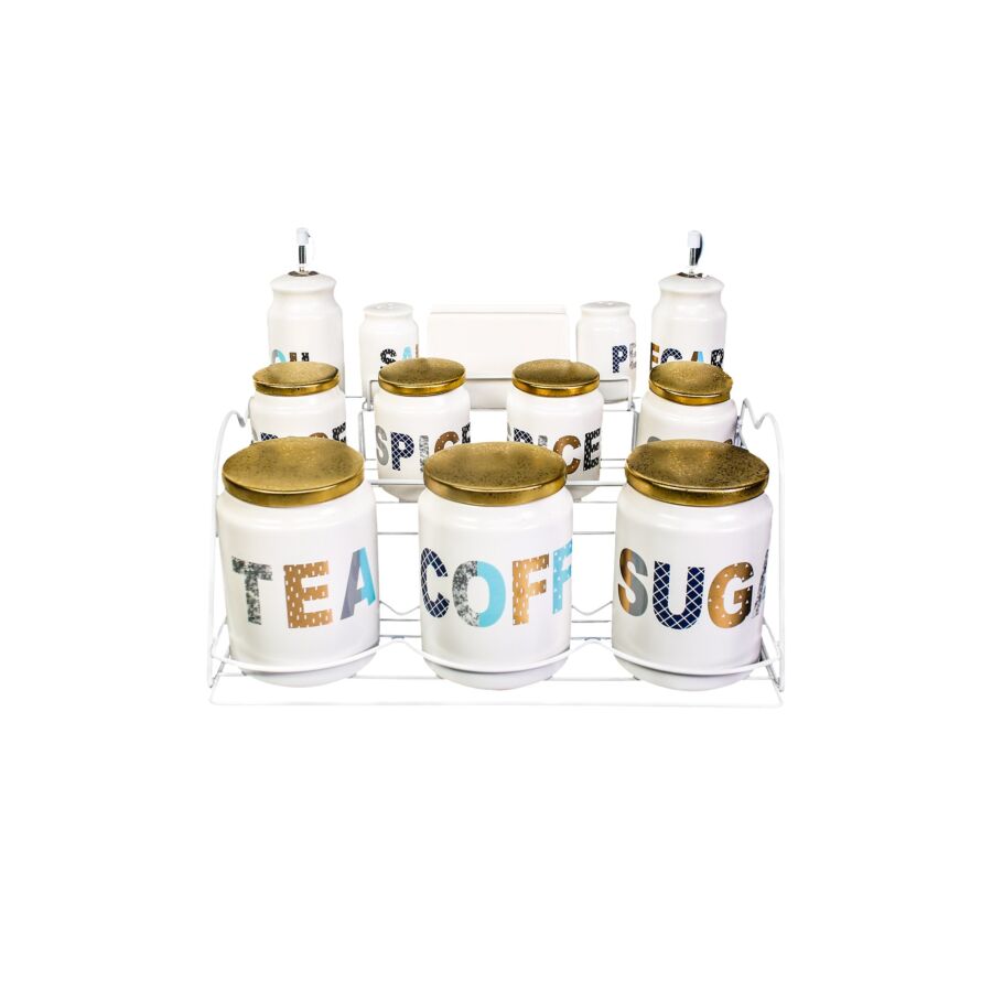 SET DE 7 POTS À EPICES + HUILE-VINAIGRE + SUPPORT EN METAL - Multicouleur Rangement cuisine