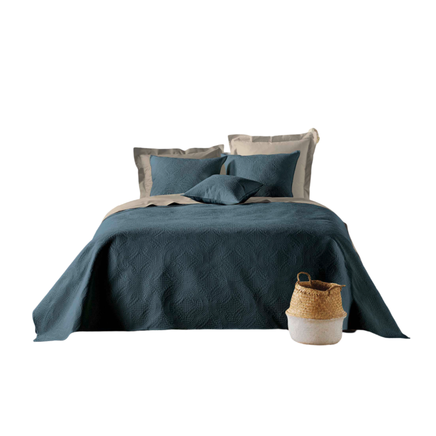 COUVRE LIT 220 x 240cm ROMANE - Bleu Promos printemps