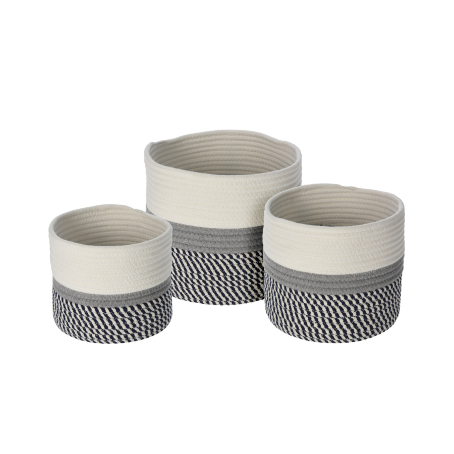 Ensemble De 3 Paniers En Corde De Coton - Gris / Blanc Paniers et corbeilles