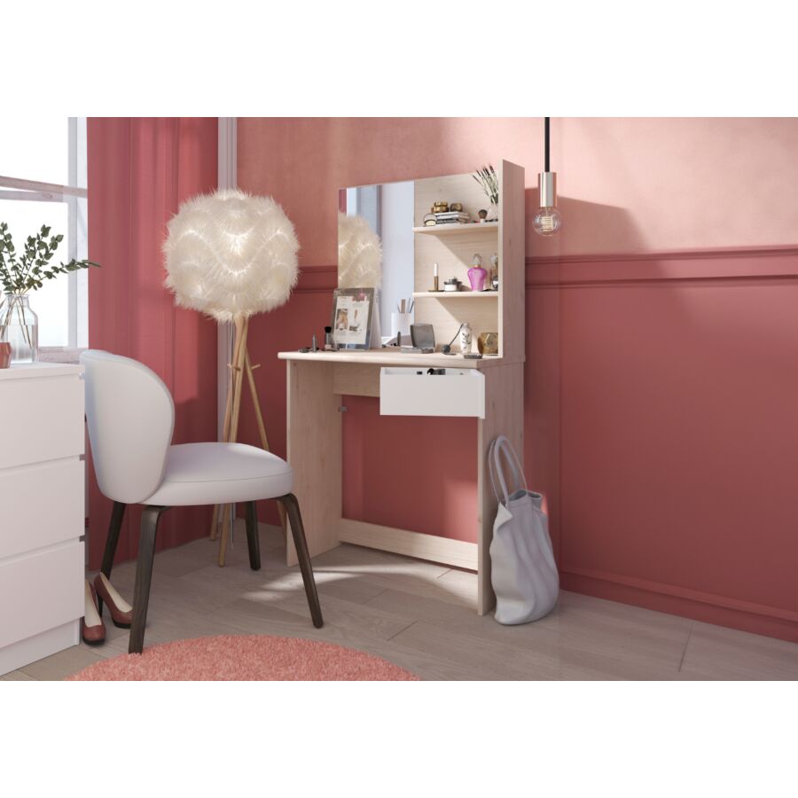 Coiffeuse PRECIOUS Avec MIROIR + 2 étagères + Tiroir - Chêne / Blanc Commodes et coiffeuses