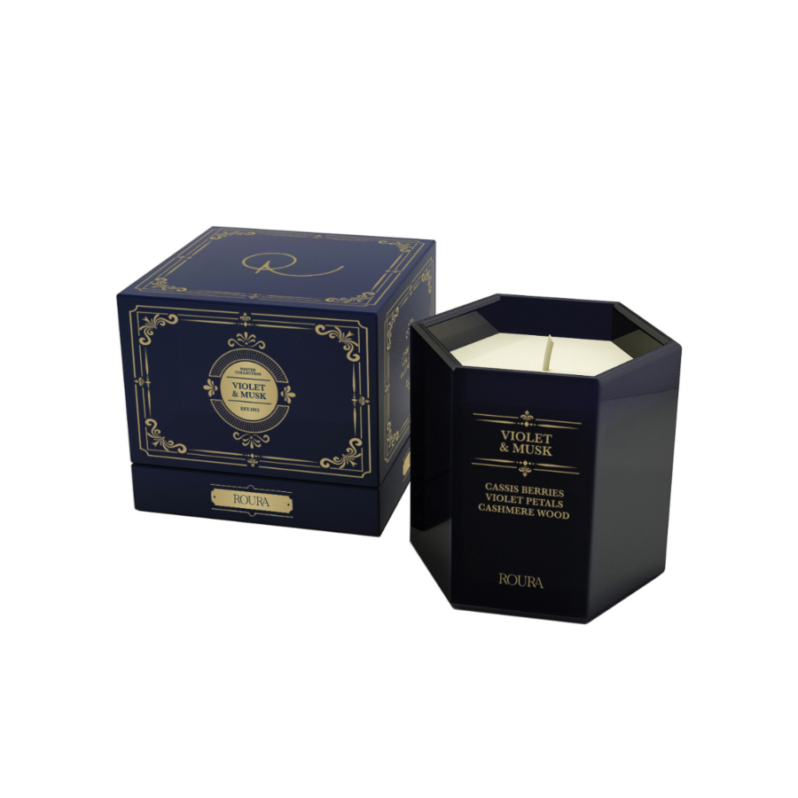 BOUGIE PARFUMÉE EN VERRE HEXAGONALE - BLEU Promos printemps
