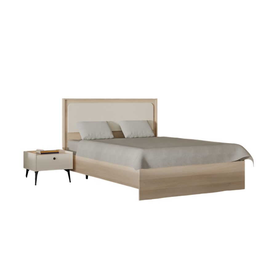 PACK LIT MAYA 160x200cm + 2 Chevets + Sommier + Matelas - Blanc / Chêne Pack lits adulte