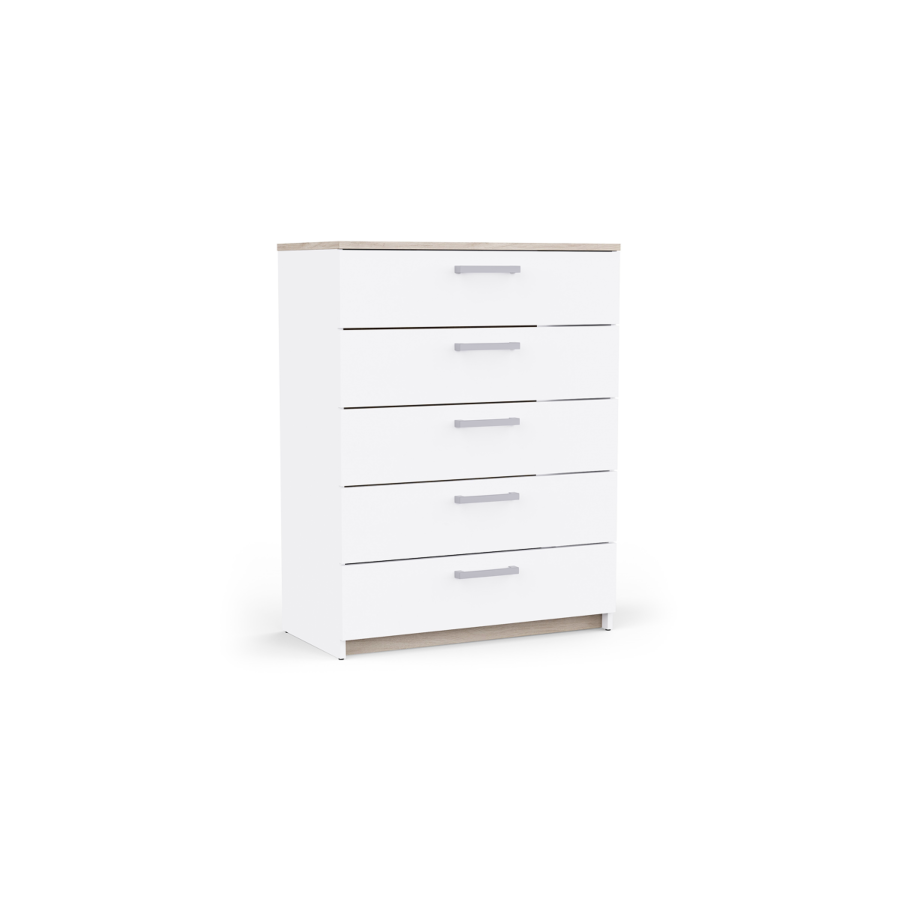 COMMODE WATSON 5 Tiroirs - Blanc / Chêne Soldes été
