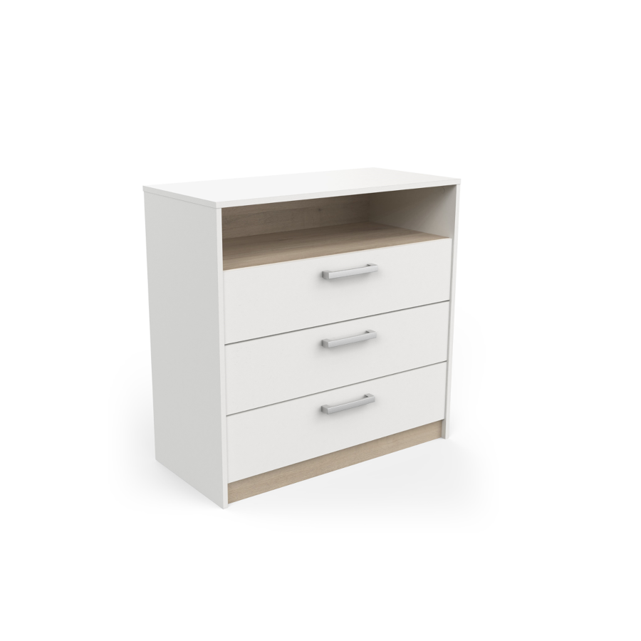 COMMODE WATSON 3 Tiroirs Et 1 Niche - Blanc / Chêne Soldes été