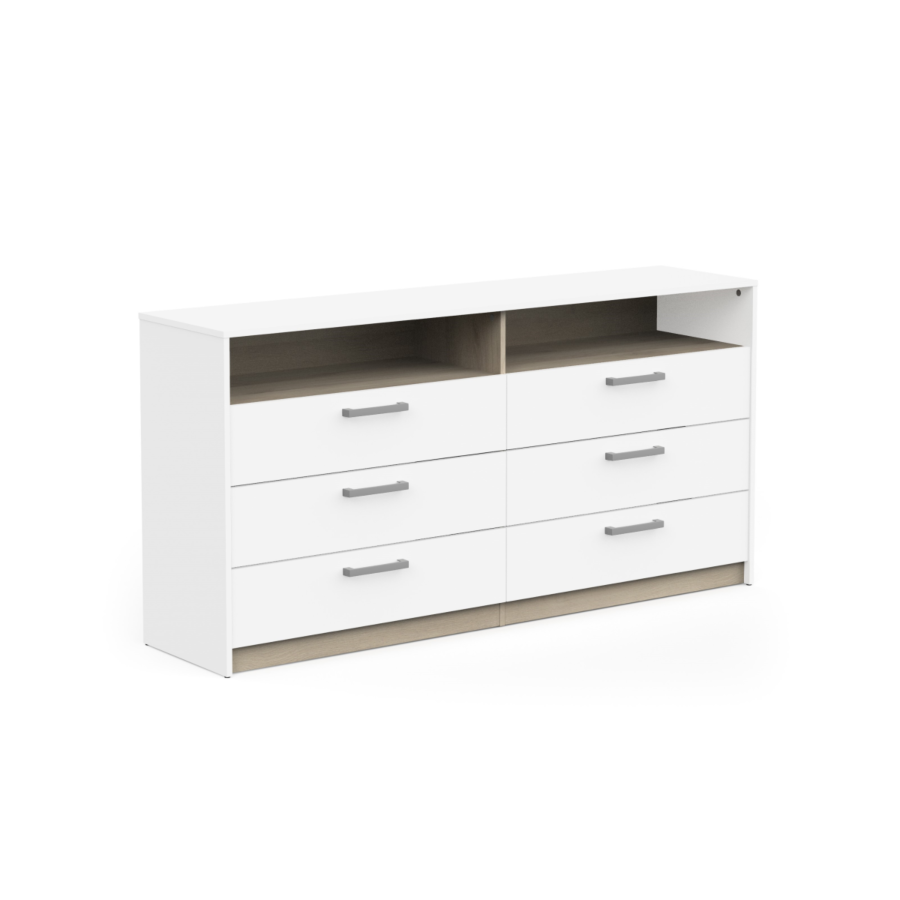 DOUBLE COMMODE WATSON 6 Tiroirs et 2 Niches - Blanc / Chêne Commodes