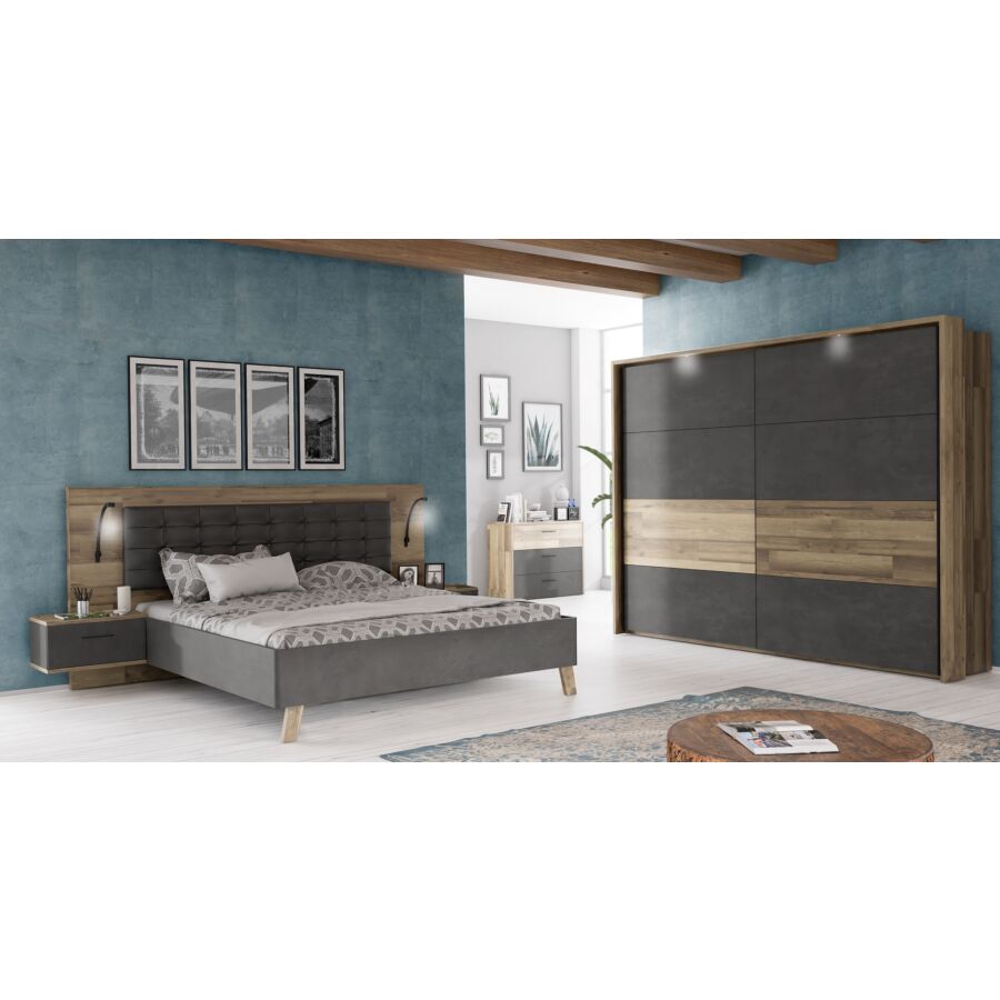 Pack RICCIANO : Lit 140x190cm + Deux tables de chevet à 1 tiroir - Chêne marron et noir Bon plan