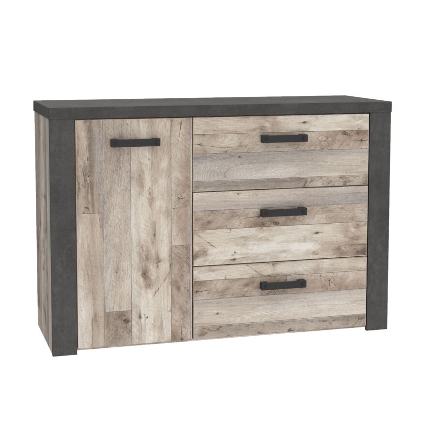 Double commode MAIGA 1 porte 3 tiroirs - Chêne et noir Commodes