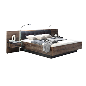 Pack Bellevue : Lit + Deux Tables De Chevets + Eclairage - Chêne / Marron Foncé