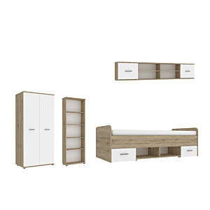 Pack SETY : Lit 90x200cm Avec Meuble Mural Et Bibliothèque Et Armoire - Blanc / Chêne Chambre enfant