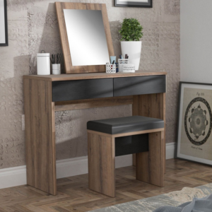 Coiffeuse Bellevue + Miroir + Tabouret - Chêne / Marron / Noir