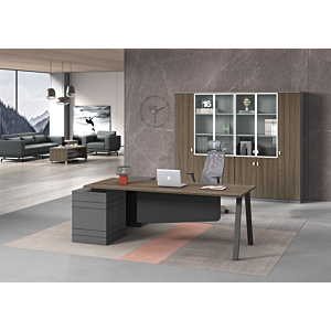 Bureau RESPECT + Crédence Et Pied Métallique 180x160x75cm - Noyer / Gris 