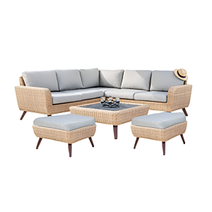 Coin Royal RIVIERA Avec Table + 2 Poufs - Gris / Miel