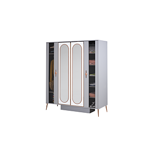 Armoire AIDA 4 Portes 2 Miroirs - Gris / Blanc / Rose Doré