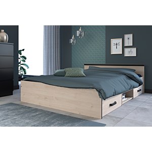 SET LIT DAILY 2 Tiroirs Et 1 Niche 140x190cm Avec Sommier + 2 Chevets - Chêne