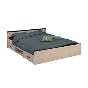 SET LIT DAILY 2 Tiroirs Et 1 Niche 140x190cm Avec Sommier + 2 Chevets - Chêne Chambre double