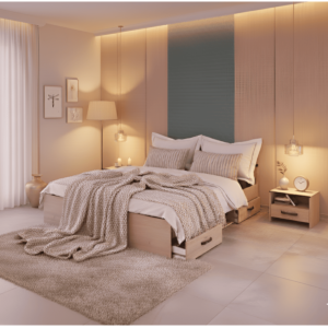 Set Lit Daily 2 Tiroirs Et 1 Niche 140X190Cm Avec Sommier + 2 Chevets - Chêne