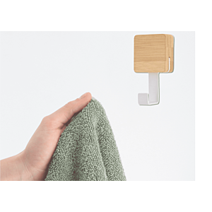 PATÈRE CROCHET DOUBLE AVEC BASE EN BAMBOU - Blanc