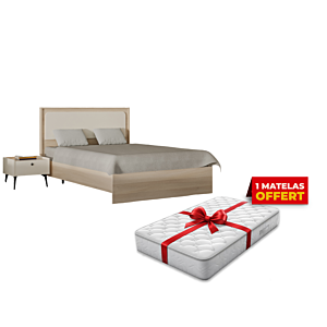 Pack Lit Maya 160X200Cm + 2 Chevets + Sommier + Matelas - Blanc / Chêne Éssentiel HIVER