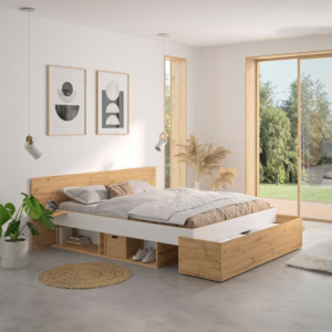 Pack Lit Anis 140X190 Sommier + Matelas + 2 Tablettes Suspendues - Chêne / Blanc