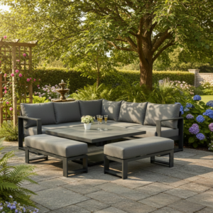 Coin Jardin Cendro +Table Haute / Basse +2 Bancs – Gris