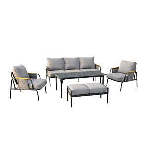 Salon Malindi Canapé 3 Places + 2 Fauteuils + Table Haute + Banc - Gris Salons bas avec Table Haute