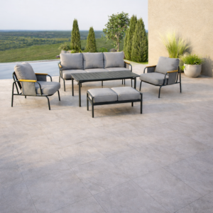 Salon Malindi Canapé 3 Places + 2 Fauteuils + Table Haute + Banc - Gris