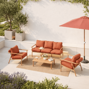 Salon Coral Canapé 3 Places + 2 Fauteuils + Table Basse - Terracotta