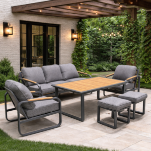 Salon Bella Vita Canapé 3 Places +2 Fauteuils + Table Haute + 2 Poufs - Anthracite