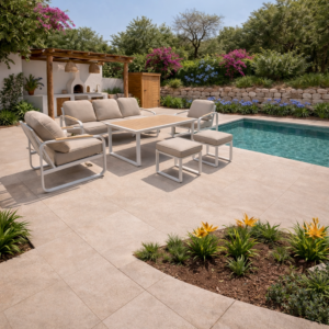 Salon Bella Vita Canapé 3 Places +2 Fauteuils + Table Haute + 2 Poufs - Beige