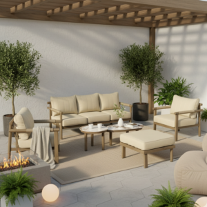 Salon Cosyline Canapé + 2 Fauteuils +2 Table Basses + Pouf - Taupe